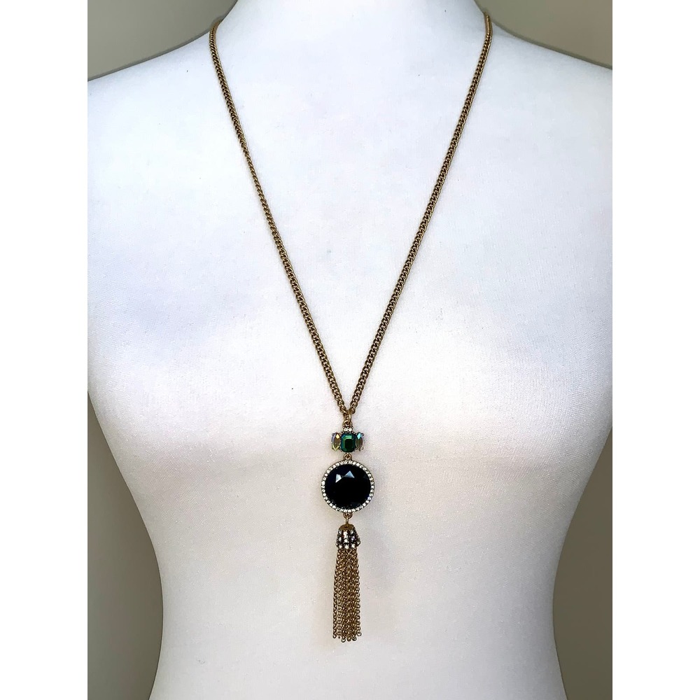 J. Crew Gold Tone Black Crystal Cut Stone Tassel Pendant Necklace EUC